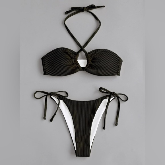 Other - Women’s 2 Piece Black Ribbed Swimsuit Halter Bikini Set
